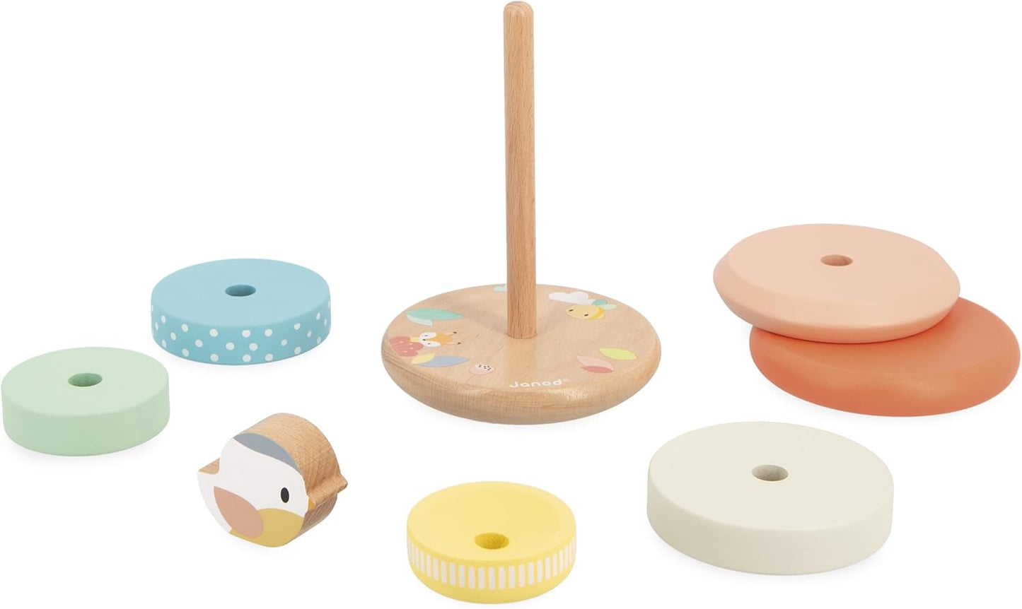 Janod - Stackable Culbuto Wooden Bird Toy - 7 Pieces to Stack - Stacking Tower - Moving Base - Baby Toy from 1 Year - J05145
