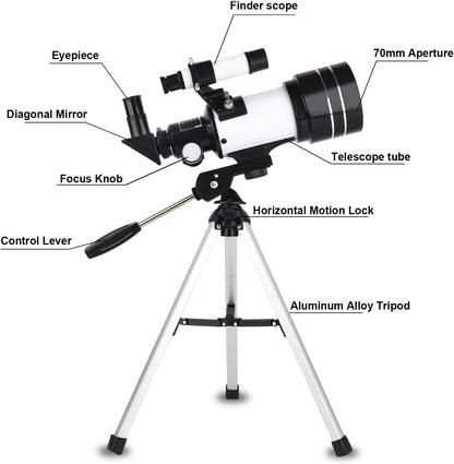 Telescope for Adults & Kids, 70mm Aperture 300mm Refractor Telescope, Portable Travel Refractor Telescopes for Astronomy Beginners with Tripod, Phone Adapter