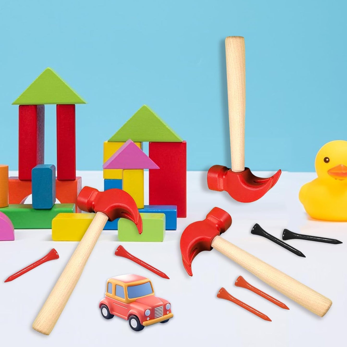 10 Pcs Kids Wooden Hammer Toy with 100 Pcs Colorful Wood Golf Tees, Small Plastic Hammer Simulation Hammers Educational Toys for Children Gift Birthday Party (Red and Green)