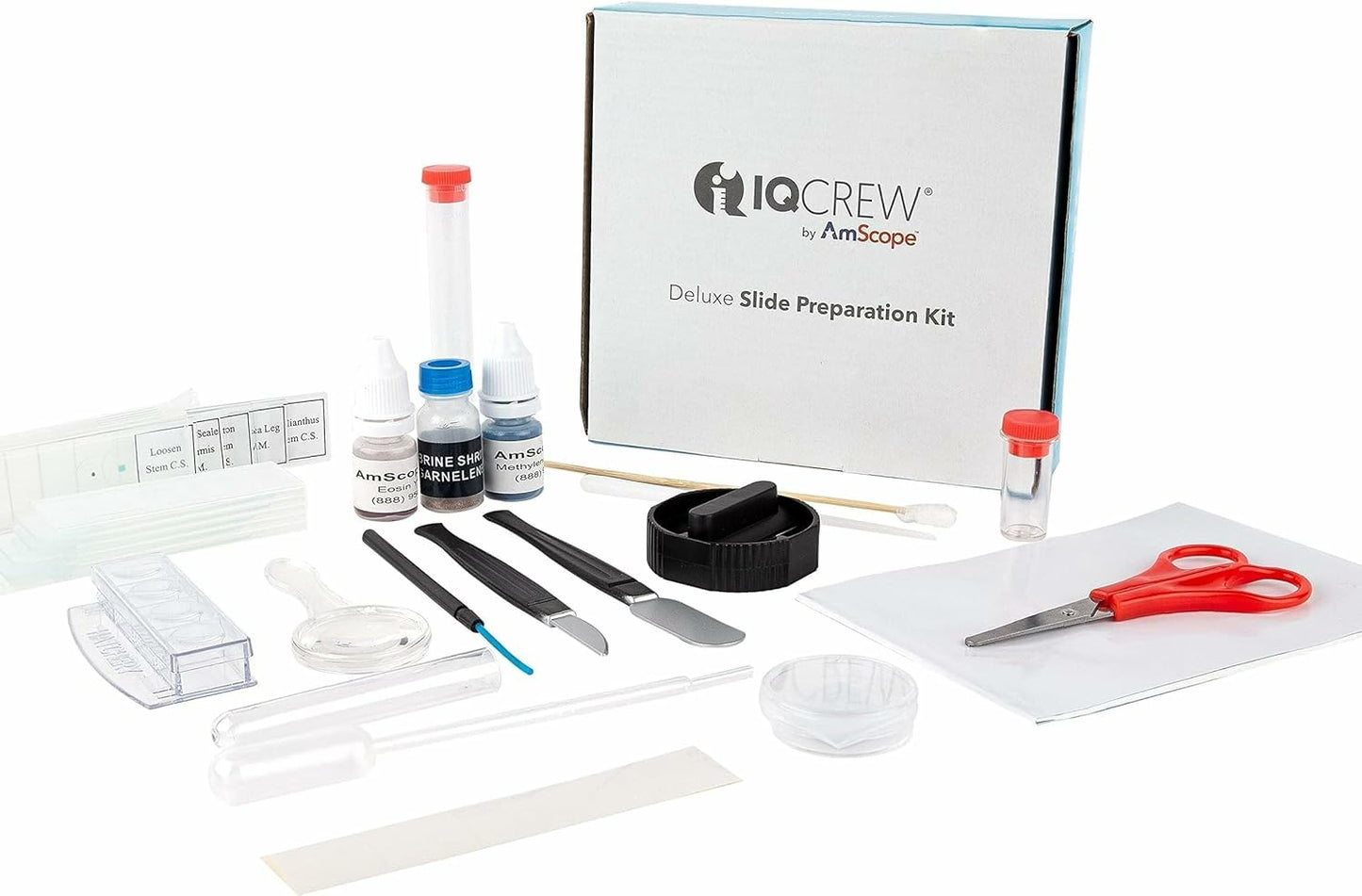AmScope Microscope Slide Preparation Kit - Includes Blank Microscope Slides, Eosin Red & Methylene Blue Stain Powders, Tweezers, Swab & More - 22-Piece Kit
