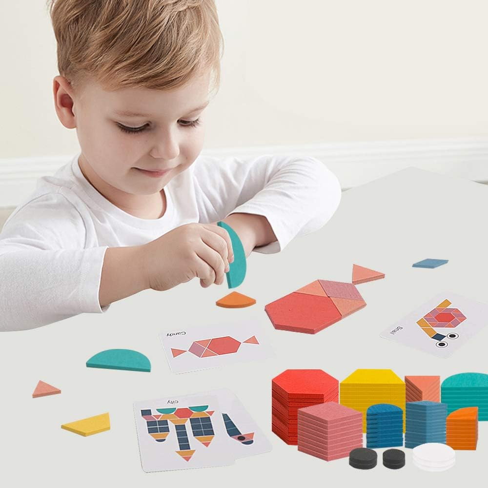 USATDD 180 Pcs Wooden Tangrams Pattern Blocks Set Geometric Manipulative Shape Puzzle Kindergarten Classic Educational Montessori Toys for Kids Toddlers Ages 4-8 with 24 Pcs Flash Cards