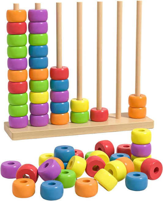 Color Stacking Game, 60 Pcs Challenge Colorful Ring Stacking Games, Wooden Rainbow Sorting & Stacking, Fun Color Matching Puzzle Game for Family Game Night, Includes 1 Stack Racks & 60 Rings (1PCS)