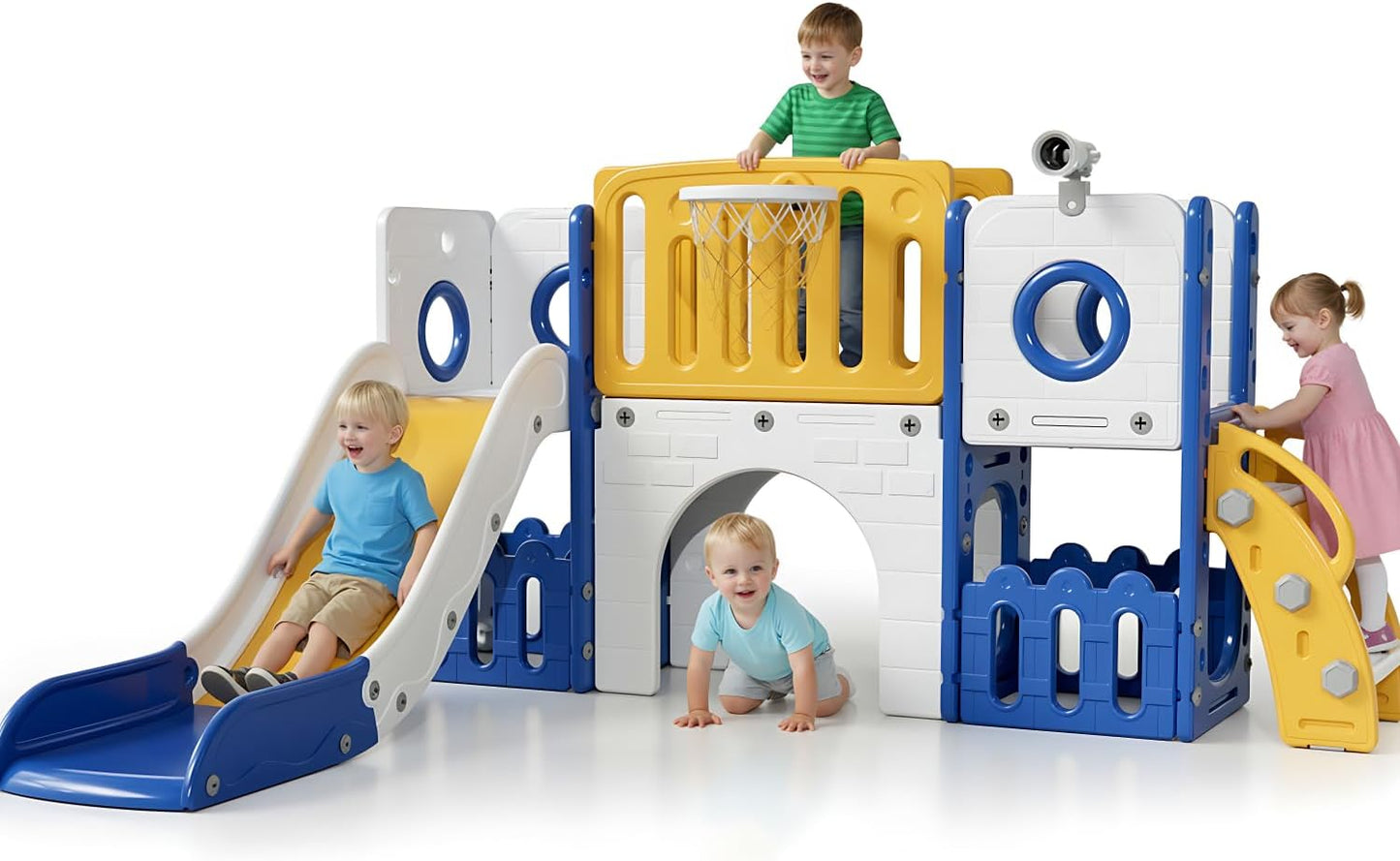 Arlopu 9 in 1 Toddler Slide Set, Kids Large Climber Slide Playset w/Long Slope, Telescope, Storage Space, Enclosed Steps, Indoor Outdoor Playground (White & Gray)