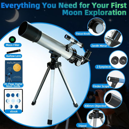 Telescope for Kids 50mm 100x Magnification Beginner Silver Telescopio with Tripod, 2 Eyepieces, Finder Scope Set, STEM Educational Astronomy Chritstmas Gift for Boys & Girls Ages 6-12