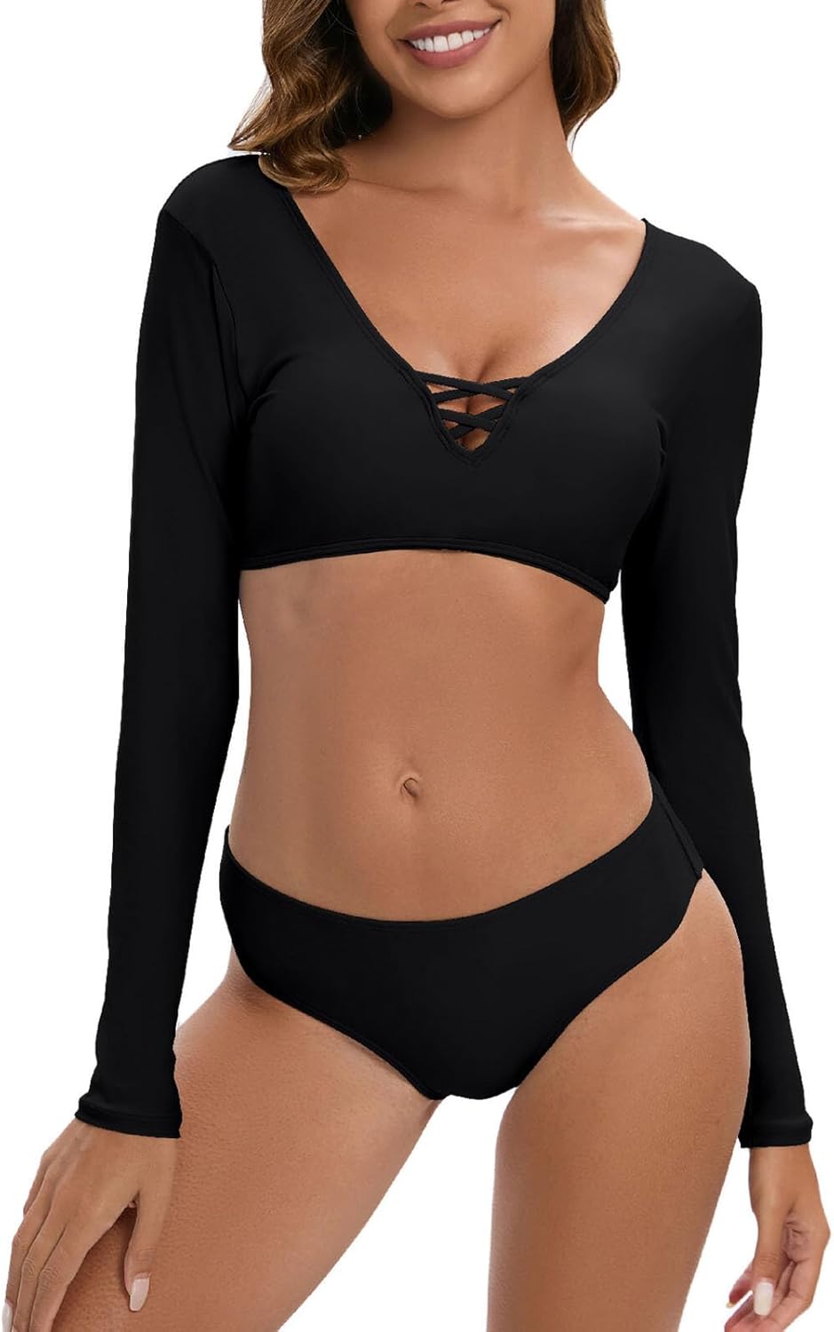 JadeRich Women's Fashion Pattern Long Sleeve Tankini Sets UPF 50+ Rash Guard Swimsuit Sun Block Swimwear