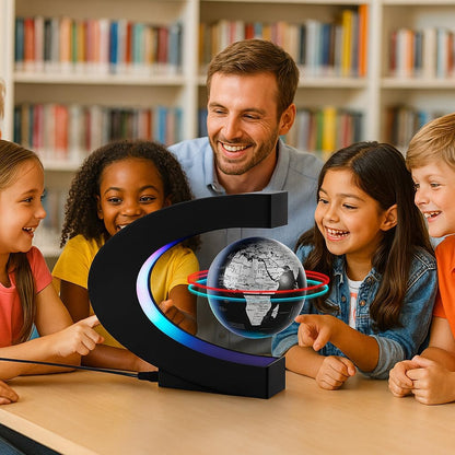 Magnetic Levitation Floating Rotating World Globe with LED Light - C Shape Anti Gravity Levitating Globe for Desk Office Decor, STEM Educational Map, Unique Tech Gift for Men Kids Boss, 3.5 Inches