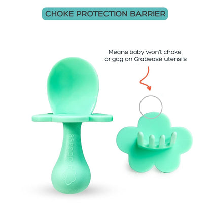 Grabease Baby Feeding Utensils - Anti-Choke Collar & Toddler Fork for Ages 1-3 - Easy-Grip Curved Handle Infant Spoon - Dishwasher-Safe Convenience & Baby Cutlery - Teal