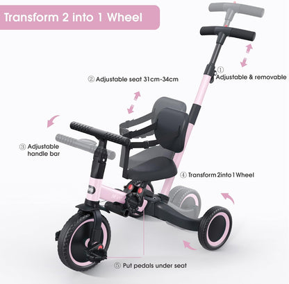newyoo Toddler Tricycle with Push Handle for 1-3 Year Old, Toddler Bike, Birthday Gift and Toy for Boys and Girls, 5 in 1 Kids Trike, Balance Bike with Backrest and Safety Belt, Khaki, TR007