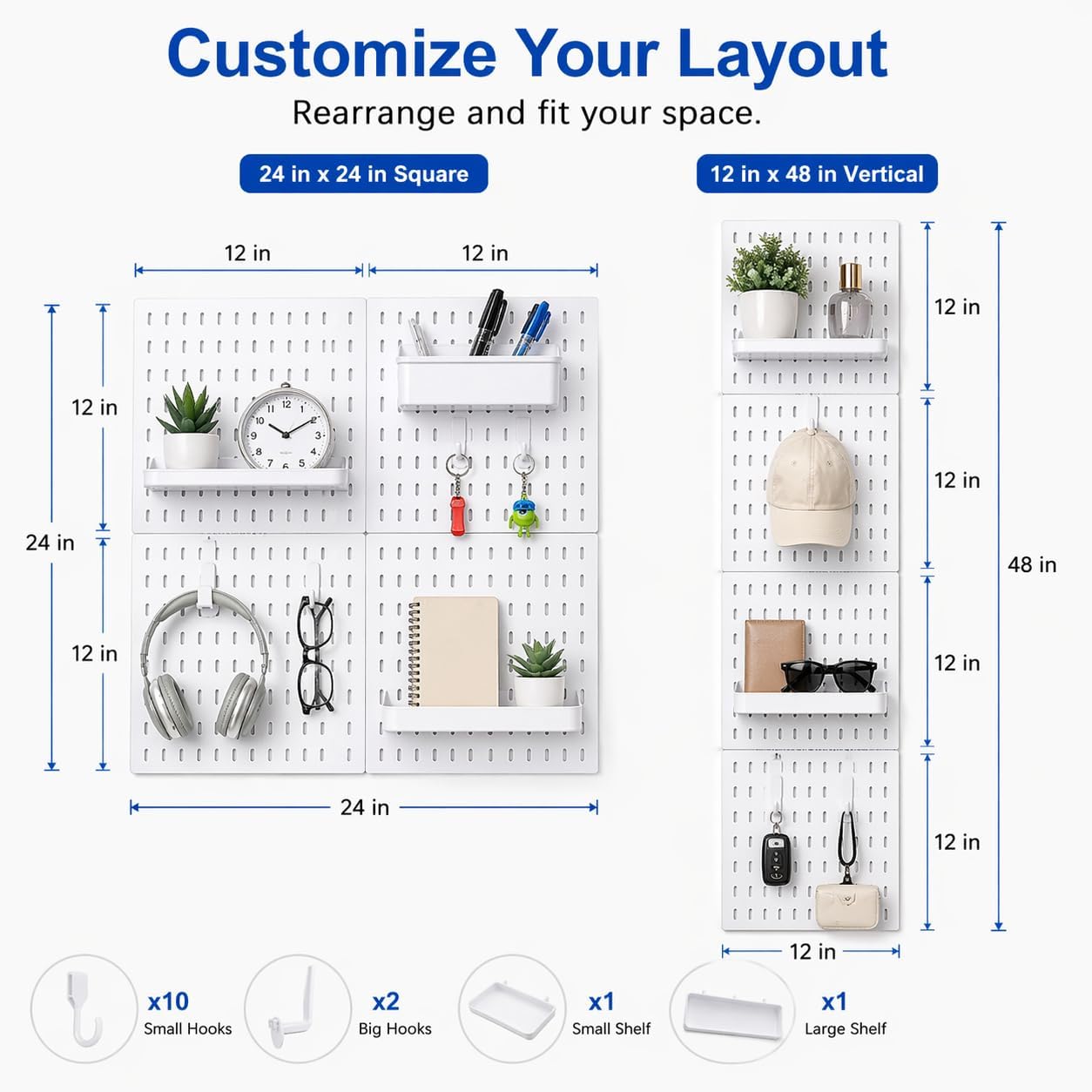 Pegboard Wall Organizer Kit – Heavy Duty 20lbs Load Bearing, Easy Installation, 4 Peg Board Panels 14 Accessories – Multi-Surface Use For Garage, Office, Kitchen & Crafts (White Pegboard,24″×24″)