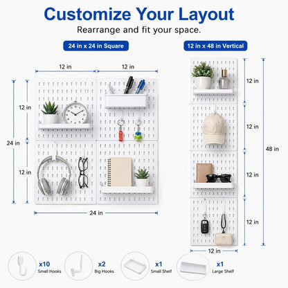 Pegboard Wall Organizer Kit – Heavy Duty 20lbs Load Bearing, Easy Installation, 4 Peg Board Panels 14 Accessories – Multi-Surface Use For Garage, Office, Kitchen & Crafts (White Pegboard,24″×24″)