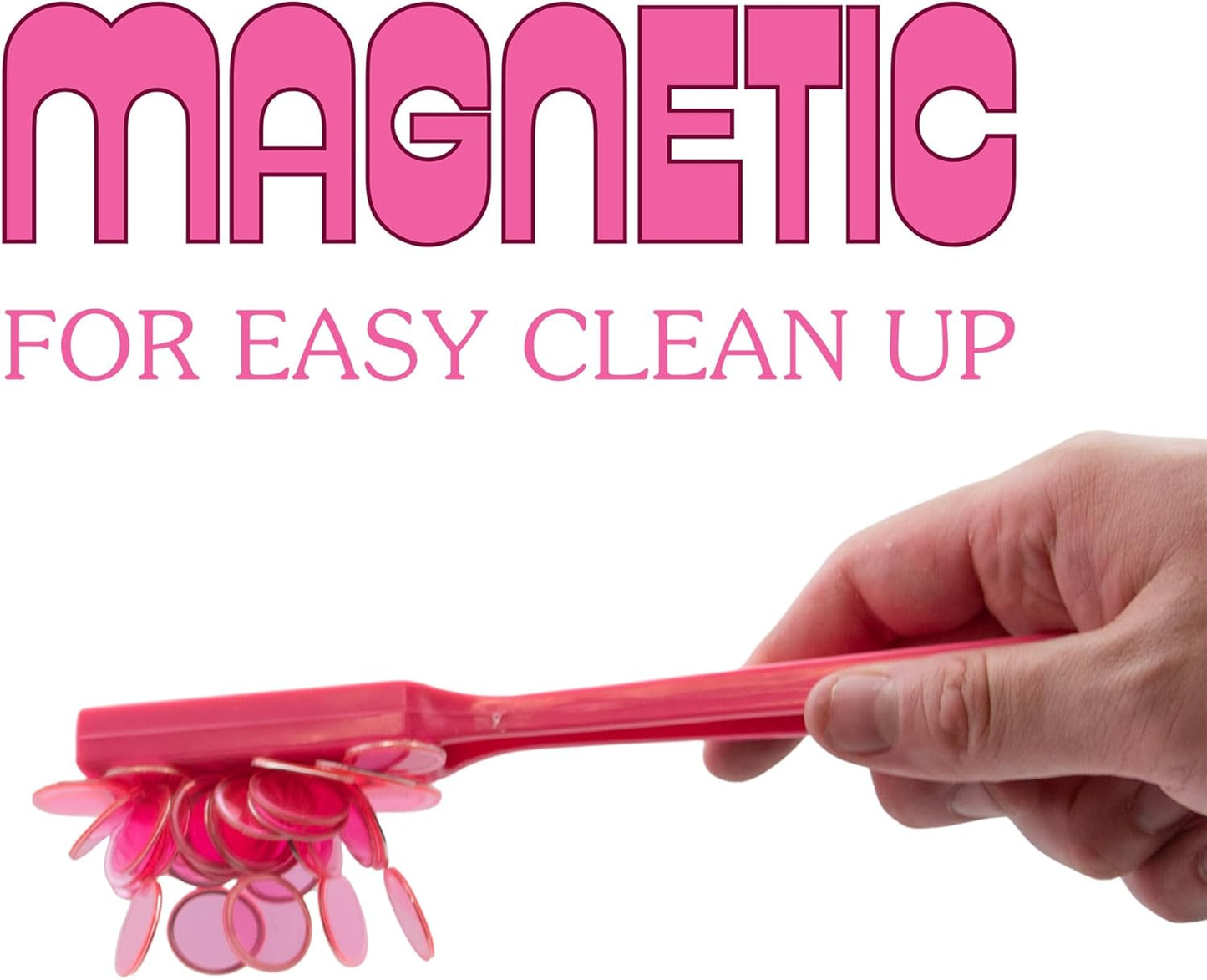 Magnetic Bingo Chips and Wand Set – 100 Plastic Counting Chips for Bingo, Pokeno, Lotteria & Games – Clear Transparent Discs with Magnetic Wand – Bulk Markers & Accessories – Pink, 3/4" in Diameter