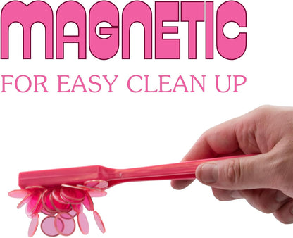 Magnetic Bingo Chips and Wand Set – 100 Plastic Counting Chips for Bingo, Pokeno, Lotteria & Games – Clear Transparent Discs with Magnetic Wand – Bulk Markers & Accessories – Pink, 3/4" in Diameter
