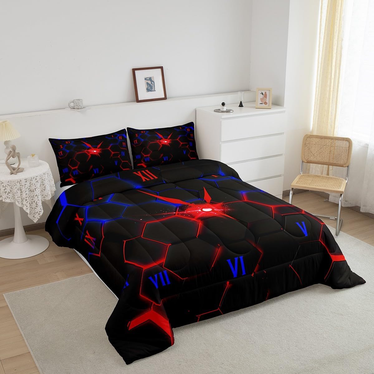 Castle Fairy Drum Kit Comforter Set,Musical Instruments Bedding Set for Kids Girls Women,Adults Rock Music Comforter,Neon Lighting Quilted Duvet Set Bedroom Collection Twin Size 2Pcs