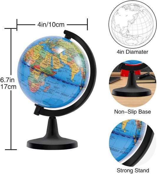Wizdar 4'' World Globe for Kids Learning, Educational Rotating World Map Globes Mini Size Decorative Earth Children Globe for Classroom Geography Teaching, Desk and Office Decoration-4 inch