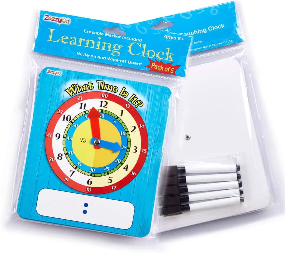 ZazzyKid Time Learning Analog Clock for Kids - Pack of 5 (7 x 8 Inches) with 5 Erasable Markers: Teach Children to Tell The Time