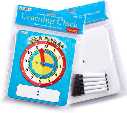 ZazzyKid Time Learning Analog Clock for Kids - Pack of 5 (7 x 8 Inches) with 5 Erasable Markers: Teach Children to Tell The Time
