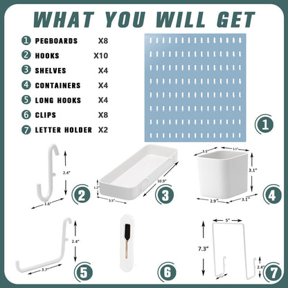 MULSAME Pegboard Combination Kit, Wall Mounted Storage Set with 8 Pegboards & 32 Accessories Hanging, White Peg Boards Organizer for Walls Display, Crafts Organization, Kitchen Organizer, 22" x 44"