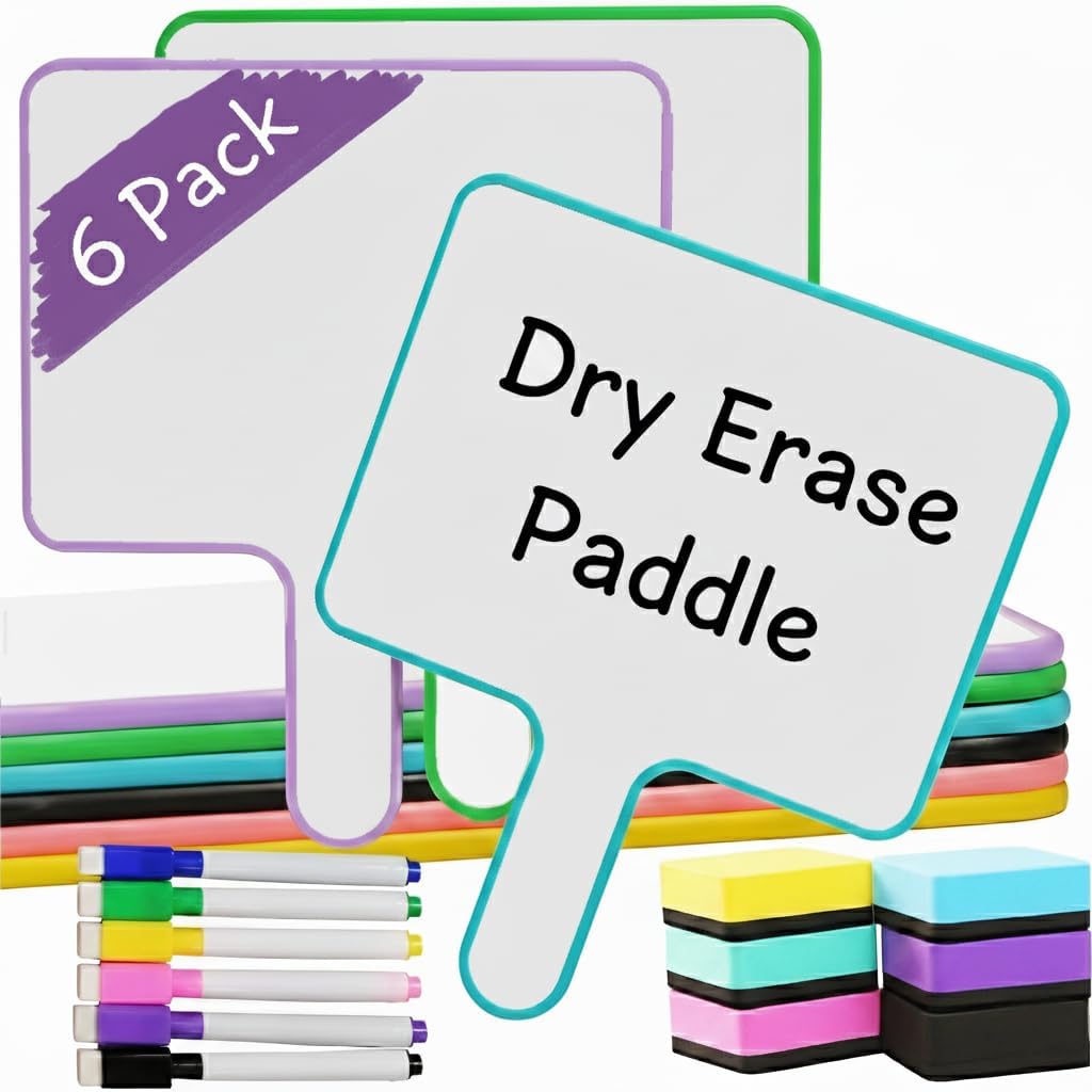 10''X 8'' Dry Erase Paddles with Markers & Erasers – Dry Erase Boards with Handles Double-Sided Small Whiteboards for Classroom, Teaching, Learning, and Group Activities (6)