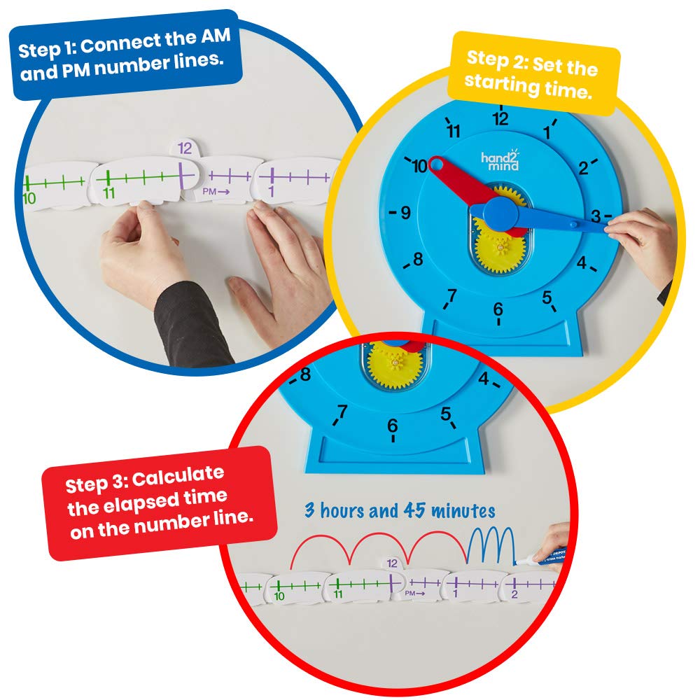 hand2mind Advanced NumberLine Clock, Learn to Tell Time, Analog Clock for Kids Learning, Number Line for Kids, Teaching to Tell Time, Math Manipulatives (Set of 1)