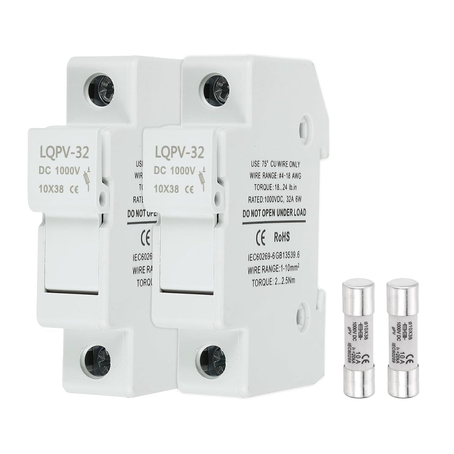 MECCANIXITY Din Rail Fuse Holder with 1 Core Block,10x38mm DC 1000V 20A Single Pole Solar/Photovoltaic Fuse Holder 4-18AWG for Solar PV Systems Battery Protect,Pack of 2