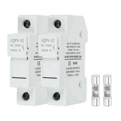 MECCANIXITY Din Rail Fuse Holder with 1 Core Block,10x38mm DC 1000V 20A Single Pole Solar/Photovoltaic Fuse Holder 4-18AWG for Solar PV Systems Battery Protect,Pack of 2