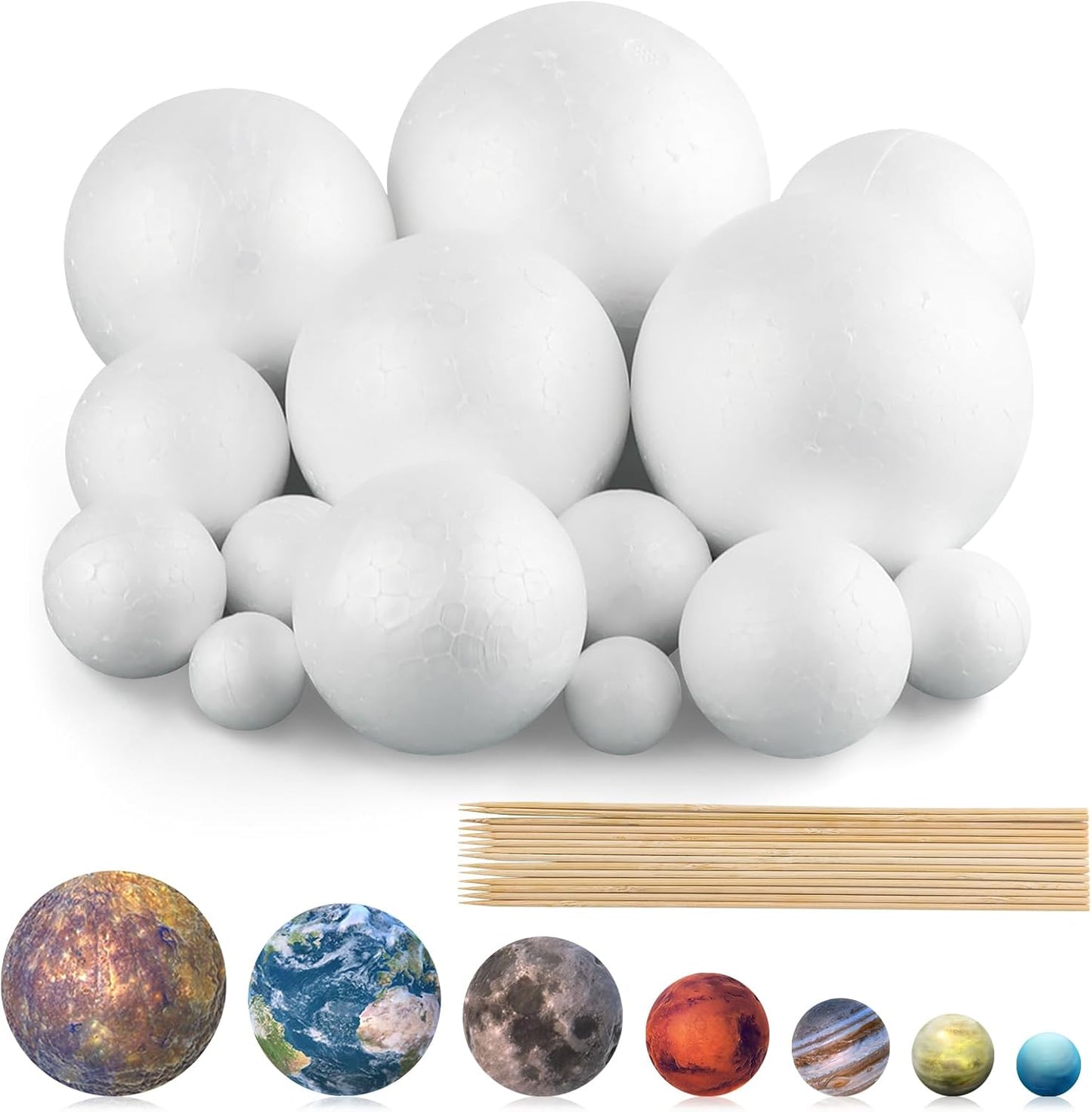 40PCS Solar System Model Kit, 20 Mixed Sized White Polystyrene Spheres Balls Foam Balls, with 20 Pieces 24 cm Long Bamboo Sticks for Kids School Science Projects DIY Planet Crafts