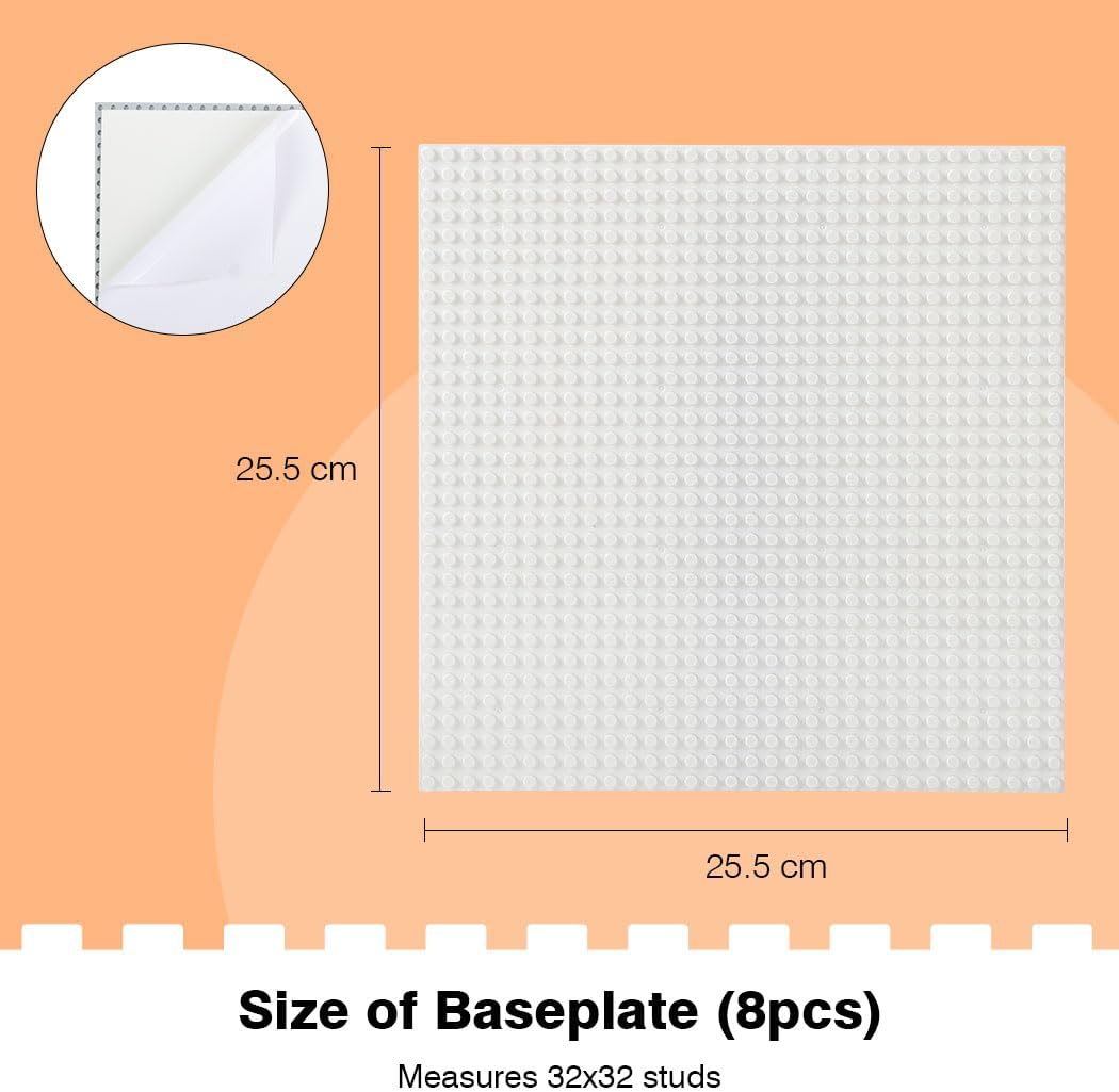 8 Pack Peel-and-Stick Building Baseplates, 10”x10” Classic Self-Adhesive Boards - 100% Compatible with All Major Brands, Sturdy Stacking Play Table Top, Green/Grey/Blue/White