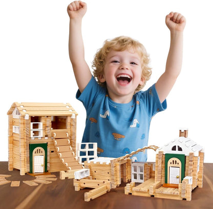 Jovi-mindly＆Notchies 96 PCS Wooden Blocks Wooden Toys with Storage Bag, Preschool Learning Toys Wood Blocks Building for Kids Ages 4-8 Creative Construction Game,FSC Certified,Birthday Toys Gifts