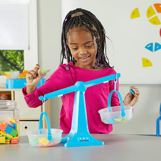hand2mind Blue Nestable Pan Balance, Clear Double Balance Scale for Kids, Weight Scale for Liquids and Solids, Easy to Assemble, Space Saving Storage Base, Balance Scale for Classroom (Set of 1)