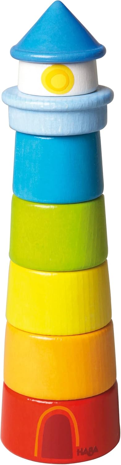 HABA Wooden Stacking Toy Rainbow Lighthouse, 8-Piece Building Blocks Set Made in Germany, Educational Wooden Toddler Toys for Motor Skills, Ages 1 and up