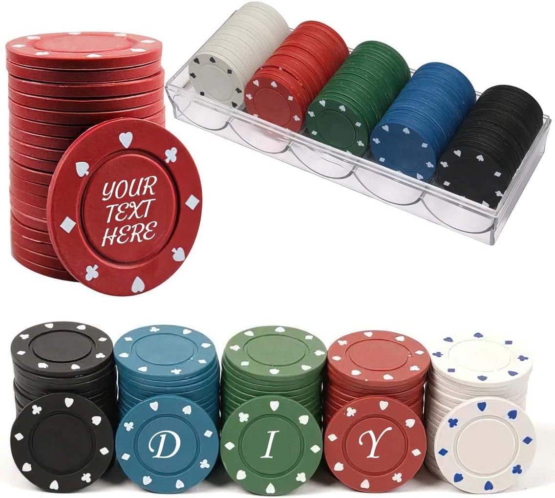 100 Plastic Poker Chips with no denominations, DIY Print with Your Personalized Text, Poker Card Game Chips Bulk, Counting Discs Markers for Math Counting, Game Play, Party