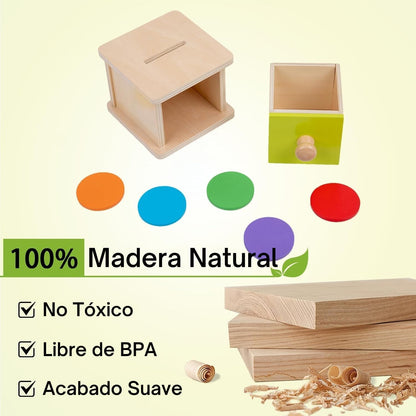 Adena Montessori Coin Box -Natural Wood Double-Sided Object Permanence Box Toy for 1-Year-Old Babies, Wooden Montessori Developmental Toy for 6-12 Month, Early Learning Gift