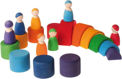 Grimm's Seven Friends in 7 Bowls: Set of Wooden Sorting & Matching Rainbow Peg Dolls with Little Cups and Tray