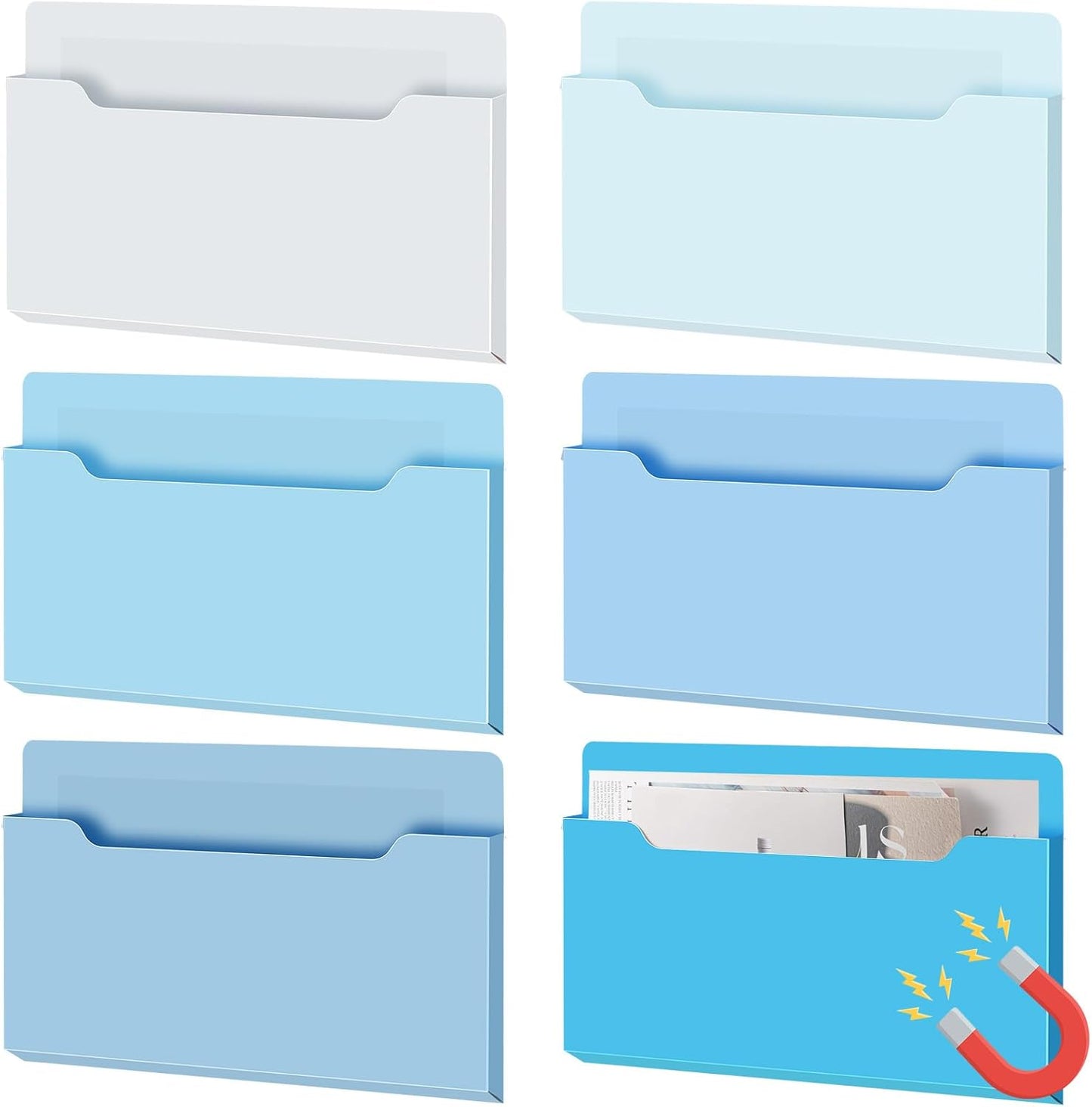 Fuutreo 6 Pcs Magnetic Wall File Organizer Magnetic Wall File Holder Refrigerator Magazine Holder for Mail Letters Paper(Aqua Green,Vertical-large)