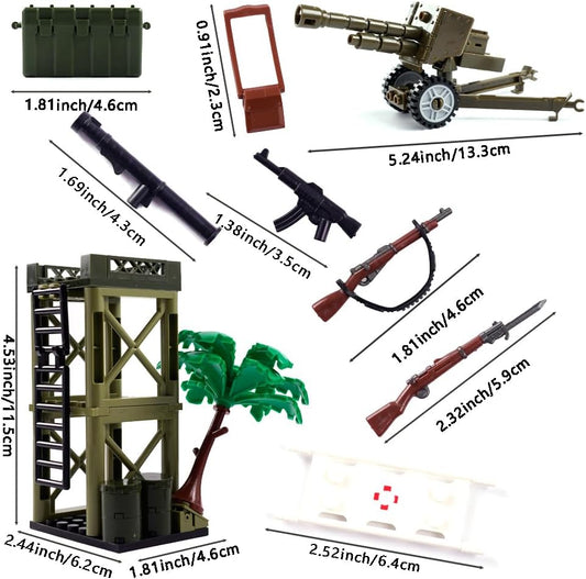 Military WW2 Accessories Weapons Pack - Army Builiding Block Sets, Military Soldier Figures Equipment Gear Pieces, Weapon Sentry Guard Tower Bricks Custom Scenes
