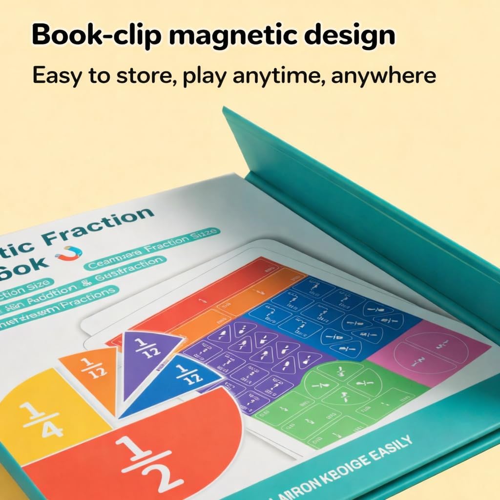2026 Magnetic Math Fraction Set with 102 Pieces and 2 Storage Pouches, Magnetic Fraction Book, Tiles & Fraction Circles for Hands-On Skills and Core Math Foundations, Compact Book-Style Design (1)