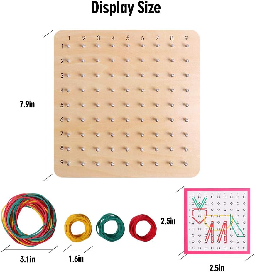 Skrtuan Wooden Geoboard with Pattern Cards & Rubber Bands, Montessori STEM Educational Toy for Kids 3-5 5-8 Years Old, Brain Teaser Puzzle Game for Geometry Learning and Creative Shapes