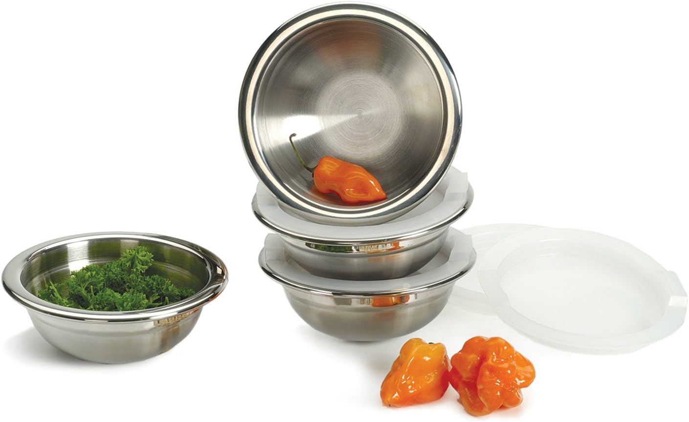 RSVP International Kitchen Prep Bowl Collection, Stainless Steel, Dishwasher Safe, Cup & Lid, 4 Piece, 3-ounce