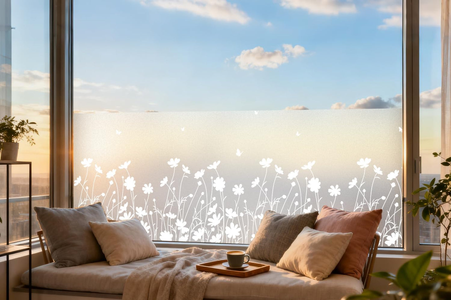 DKTIE Window Privacy Film Flowers Pure White Pattern Stained Glass Window Film Decorative Frosted Glass Window Film Sun Blocking Heat Control Static Cling (A274, 17.5" x 78.7")