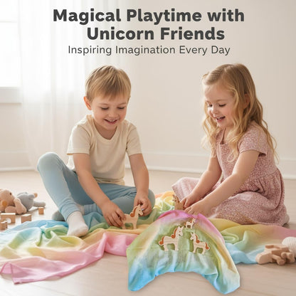Wooden Animal Toys Unicorn Family with Play Silk for Kids Nursery Gift Preschool Wooden Building Blocks Play Set Fine Motor Montessori Game
