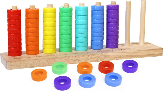Color Sorting Stacking Game Toys, 7 Colors Ring Stack Challenge Puzzle Game, Wooden Rings Color Matching & Stacking Toys for Kids, Competitive Tabletop Game for Family Night, Gifts for Boys and Girls