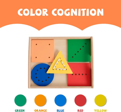 Wooden Toddler Beads and String Lacing Toy Set with Tray - Educational Threading Game for Fine Motor Skills Development - Lacing Cards for Toddlers 1-3,Montessori Toys for 2 3 4 Year Olds(5 Shapes)