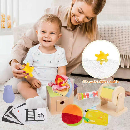 Adena Montessori Play Kit for 13-18 Month Baby,8 in 1 Toy,Colorful Stacking&Nesting Cup,Coin Bank,Coins,Carrots Lid,Carrots,Posting Lid,Flexble Stacker,Bead Kit,Shape Puzzle,Pound&Tap Hammer Bench