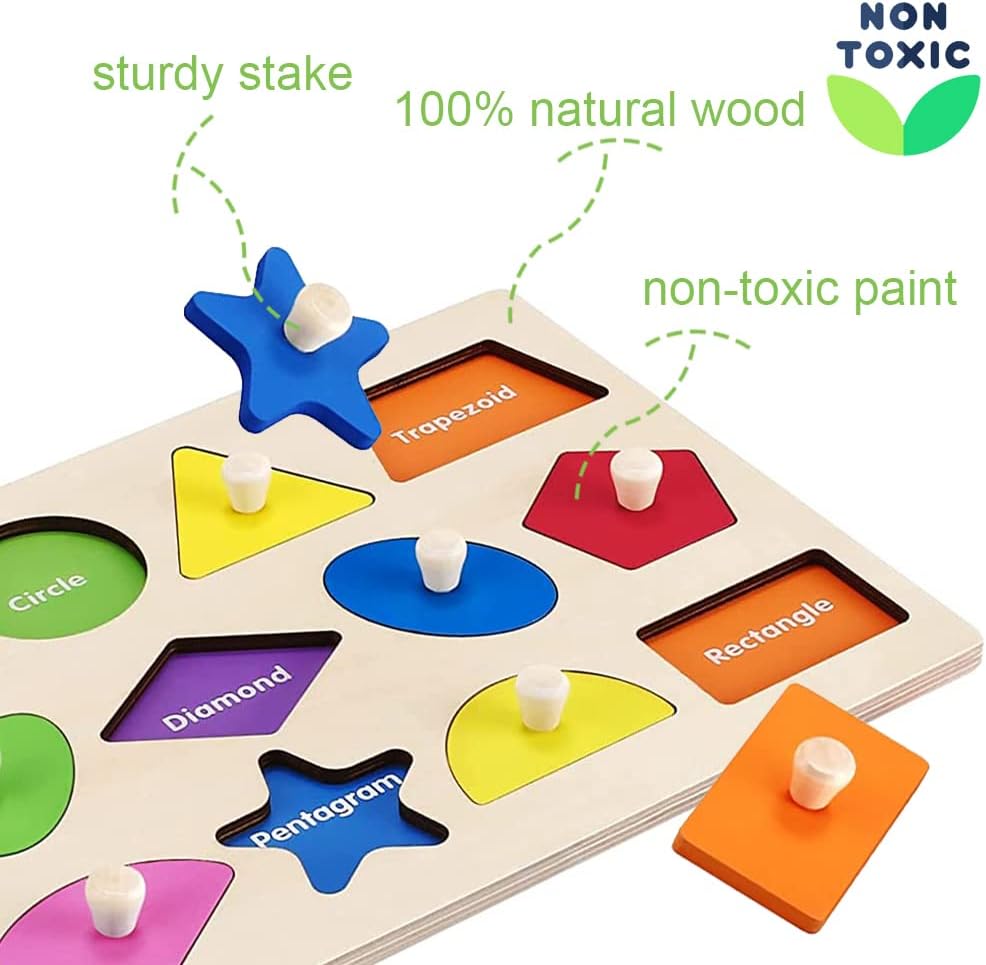 Montessori Toy Wooden Shape Peg Puzzles Montessori Baby Puzzle Geometric Shape Puzzle with Board Knob Preschool Wooden Puzzles for Toddlers 1-3 Year Old