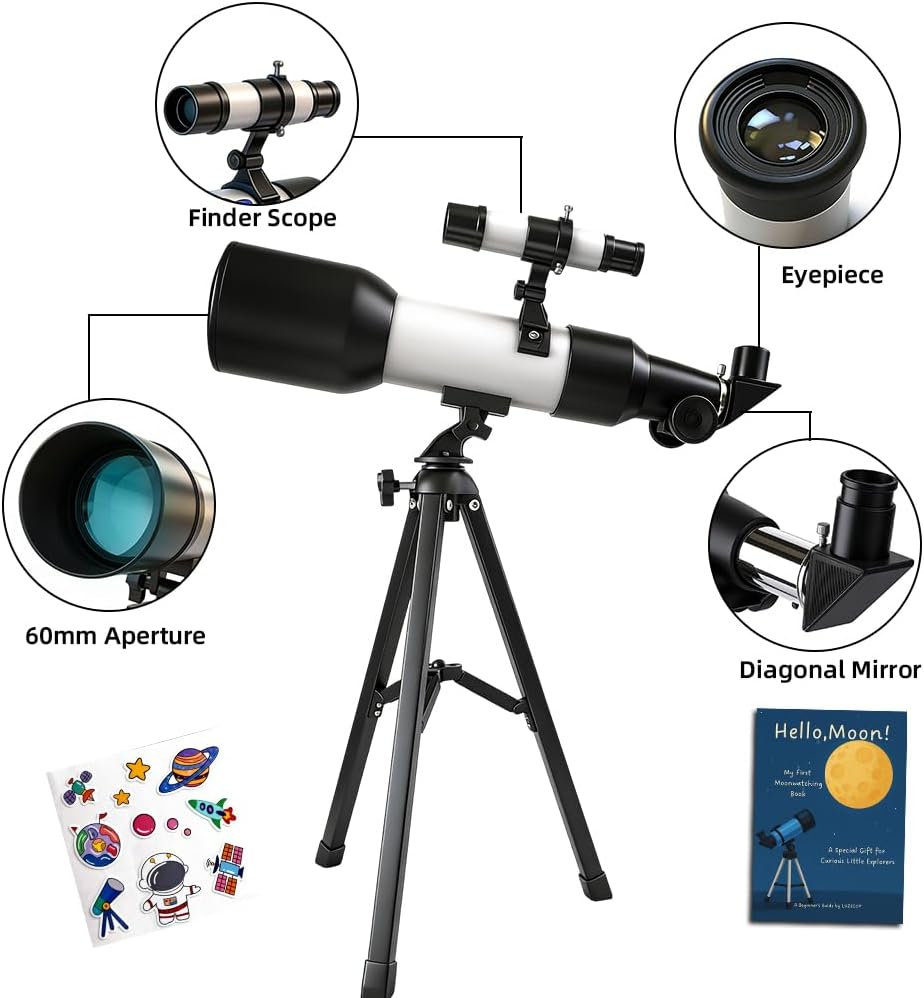 Telescope for Kids 60mm 90x Magnification with Sturdy Tripod, 2 Eyepieces & Finder Scope, 360mm Tube, STEM Astronomy Educational Gift for Boys & Girls 6-12