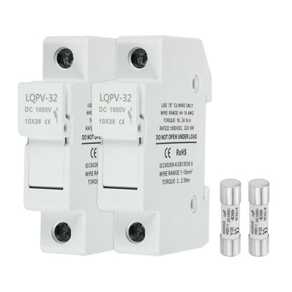 MECCANIXITY Din Rail Fuse Holder with 1 Core Block,10x38mm DC 1000V 20A Single Pole Solar/Photovoltaic Fuse Holder 4-18AWG for Solar PV Systems Battery Protect,Pack of 2