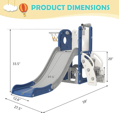 kinbor 6 in 1 Toddler Slide PlaySet - Indoor Outdoor Fun for Kids Ages 1-3, Includes Basketball Hoop, Telescope, Storage & Climber, Safe, Sturdy Baby Slide for Backyard Playground, Blue