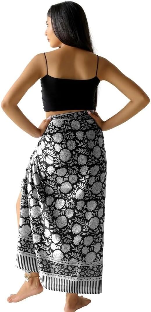 100% Cotton Sarong Cover Up for Women Indian Block Print Beach Wrap Skirt Long Boho Swimsuit Bikini Pareo (73” x 43”)