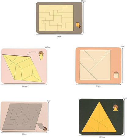 5Pcs Toys Tangram Puzzle, Classic Brain Teasers Toy, Wooden Pattern Blocks Set, Geometric Shape for Kids