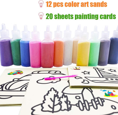 Zddaoole 32 PCS Art Sand Kit - 12 Color Scenic Sand With 20 Sheets Sand Art Painting Cards Set, DIY Arts and Crafts, 1.25oz Bottles